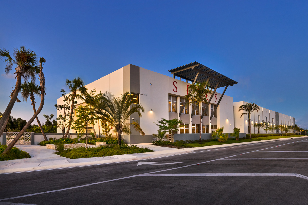 Architectural dusk view of the South Florida Autism Charter School  in Miami FL.